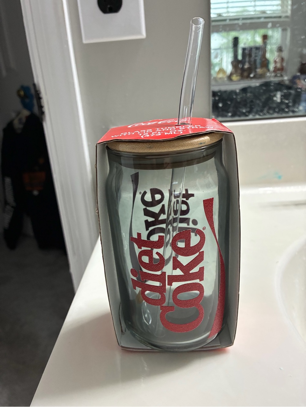Diet Coca-Cola Red and Clear Glass Tumbler with Lid and Straw